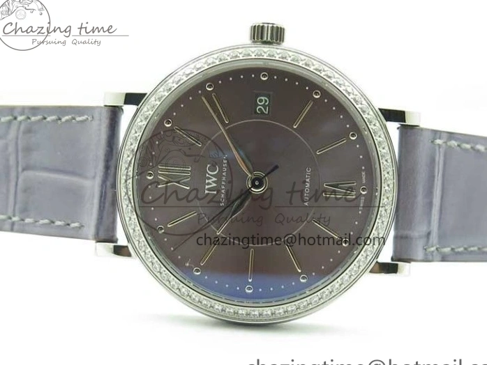 MIROTIME 0227 Attractive Portofino 37mm SS V7F 1:1 Best Edition Gray Dial Diamonds Bezel on Gray Leather Strap A 7091